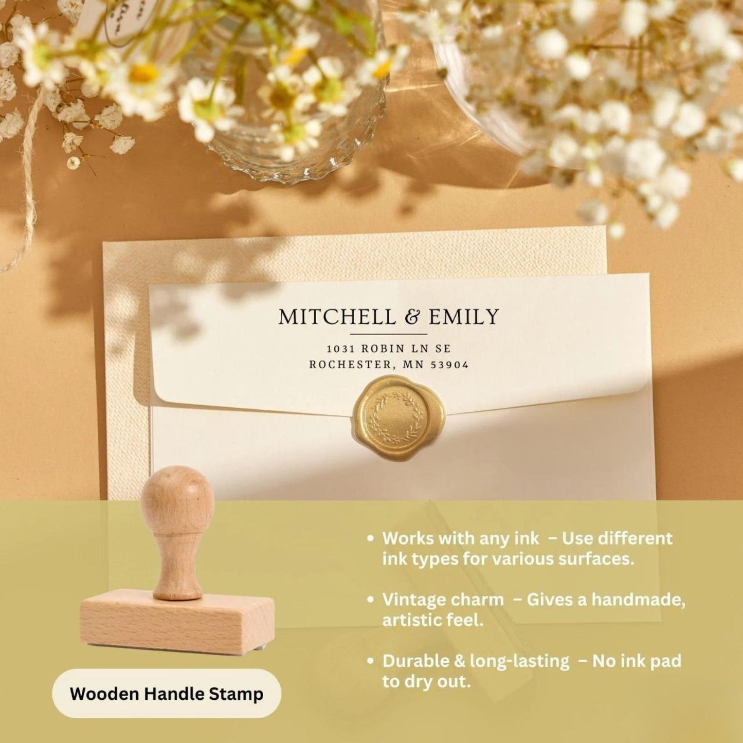 Personalized Return Address Stamp – Self-Inking, Wood Handle & Embosser for Cards and Holiday