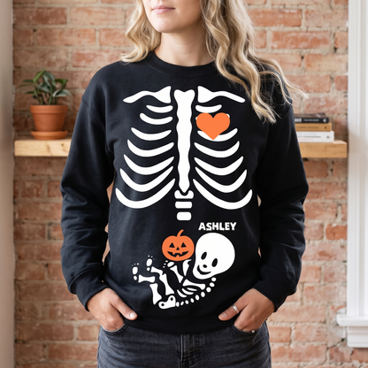 Personalized Skeleton Maternity Dark Sweater Large Print | Custom Name Skeleton Tee | Cute Baby Bump Halloween Gift 685918