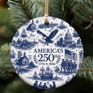 America 250th Anniversary Ceramic Ornament | 1776-2026 Blue Toile Christmas Ornament | USA Heritage Gift 685753