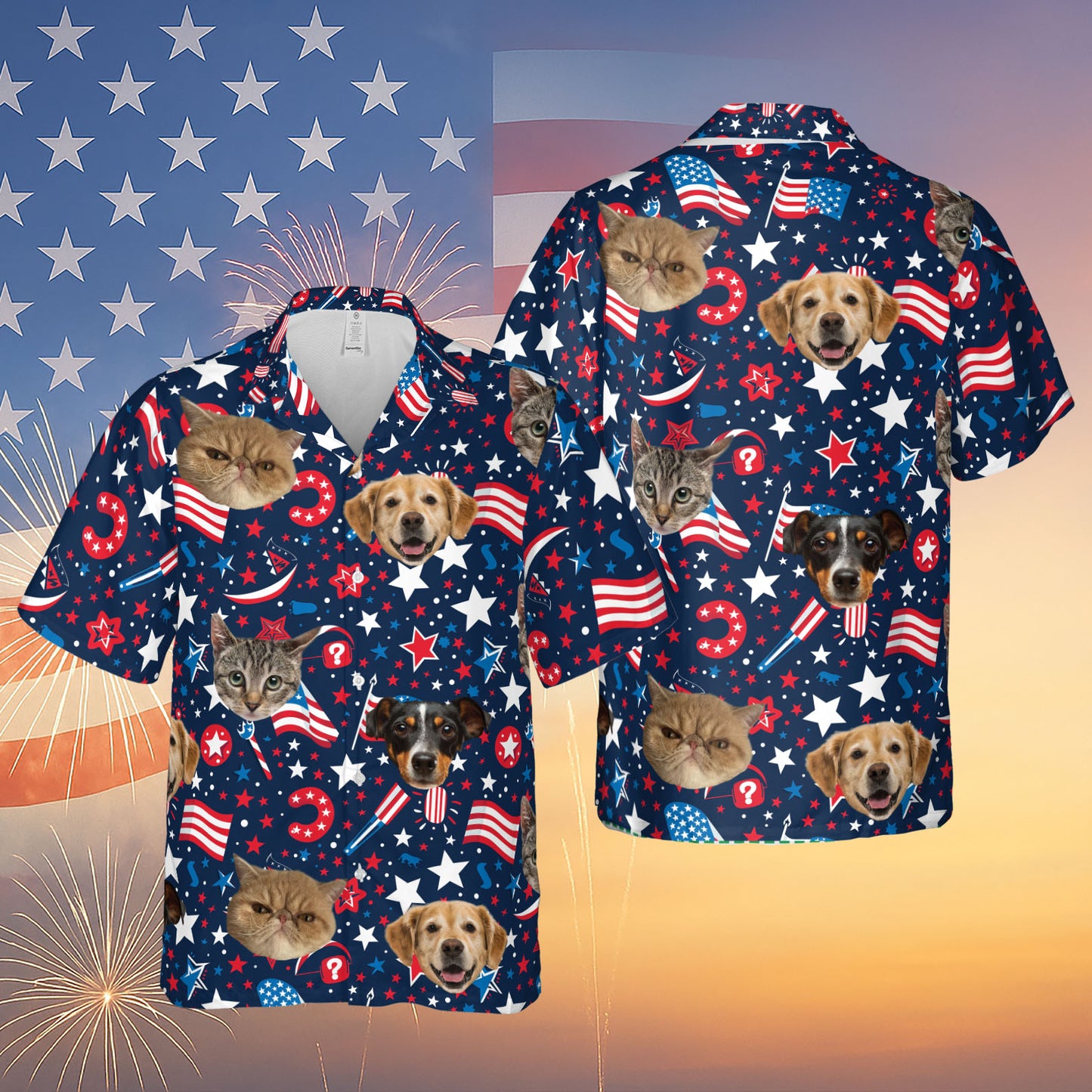 Custom Pet Face Hawaiian Shirt | Personalized Dog Cat Photo Independence Day Shirt | 4th of July Hawaiian Shirt 682302