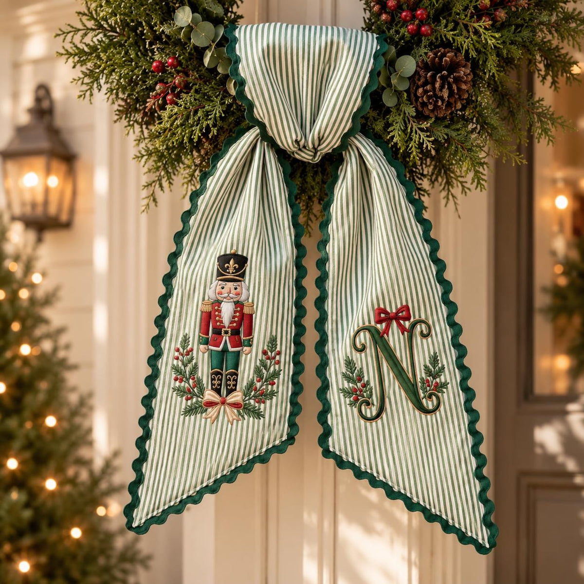 Personalized Christmas Wreath Sash, Embroidered Nutcracker & Monogram Letter, Custom Name Holiday Door Decor 686901 WFD