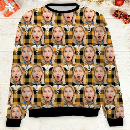 Custom Face Christmas Sweatshirt, Personalized Photo Nurse Theme Sweater, Christmas All-Over-Printed Sweatshirt 682645