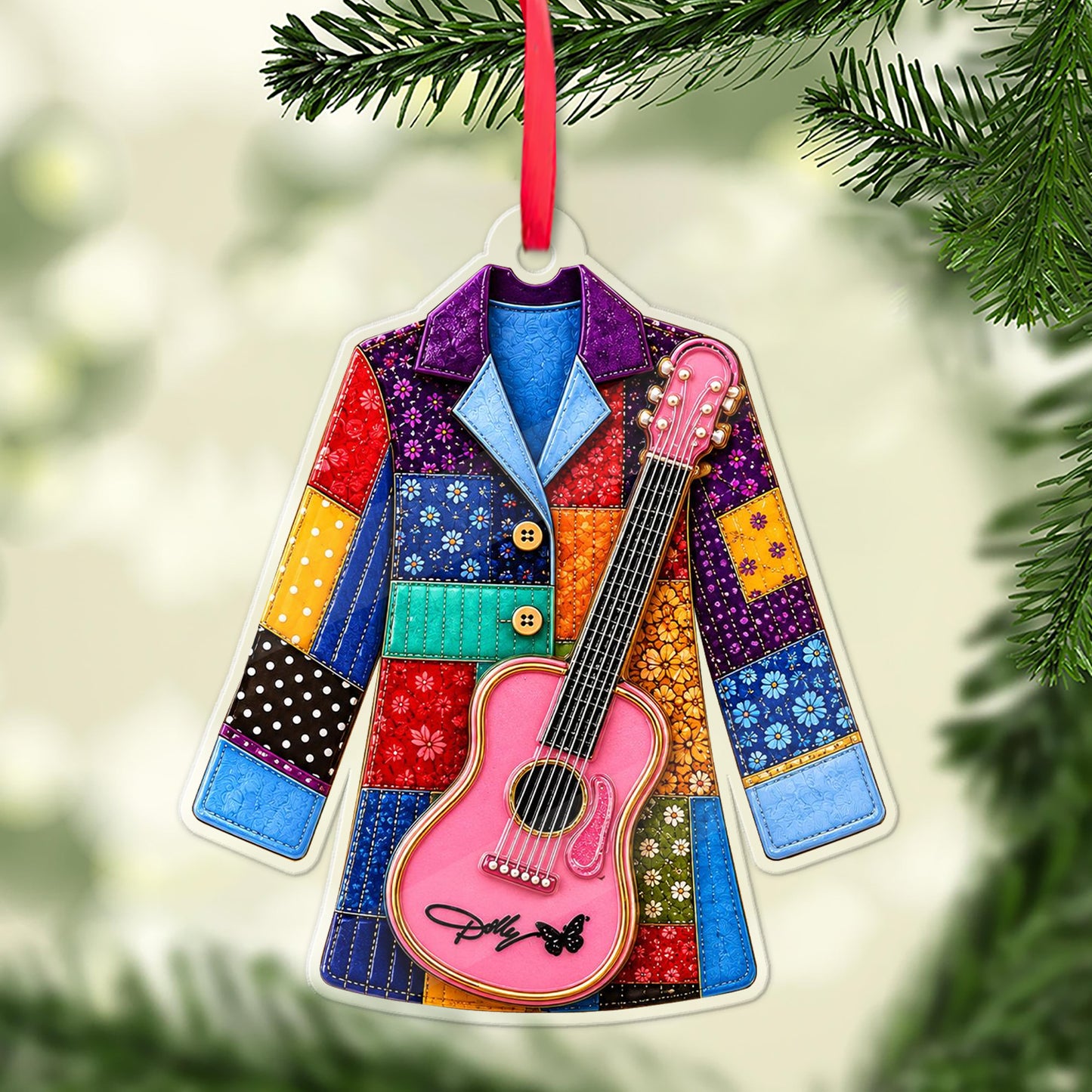 Dolly Parton Coat Of Many Colors Acrylic Ornament, Dolly Pink Guitar Christmas Ornament 686152