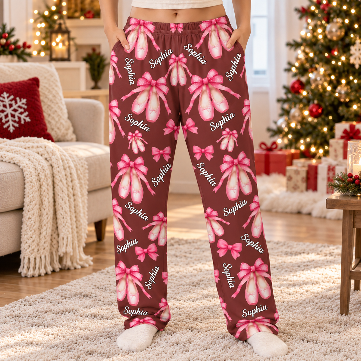 Personalized Coquette Bow Ballet Pajamas Pants, Custom Name Christmas Gift For Ballet Lover 686541 WFD