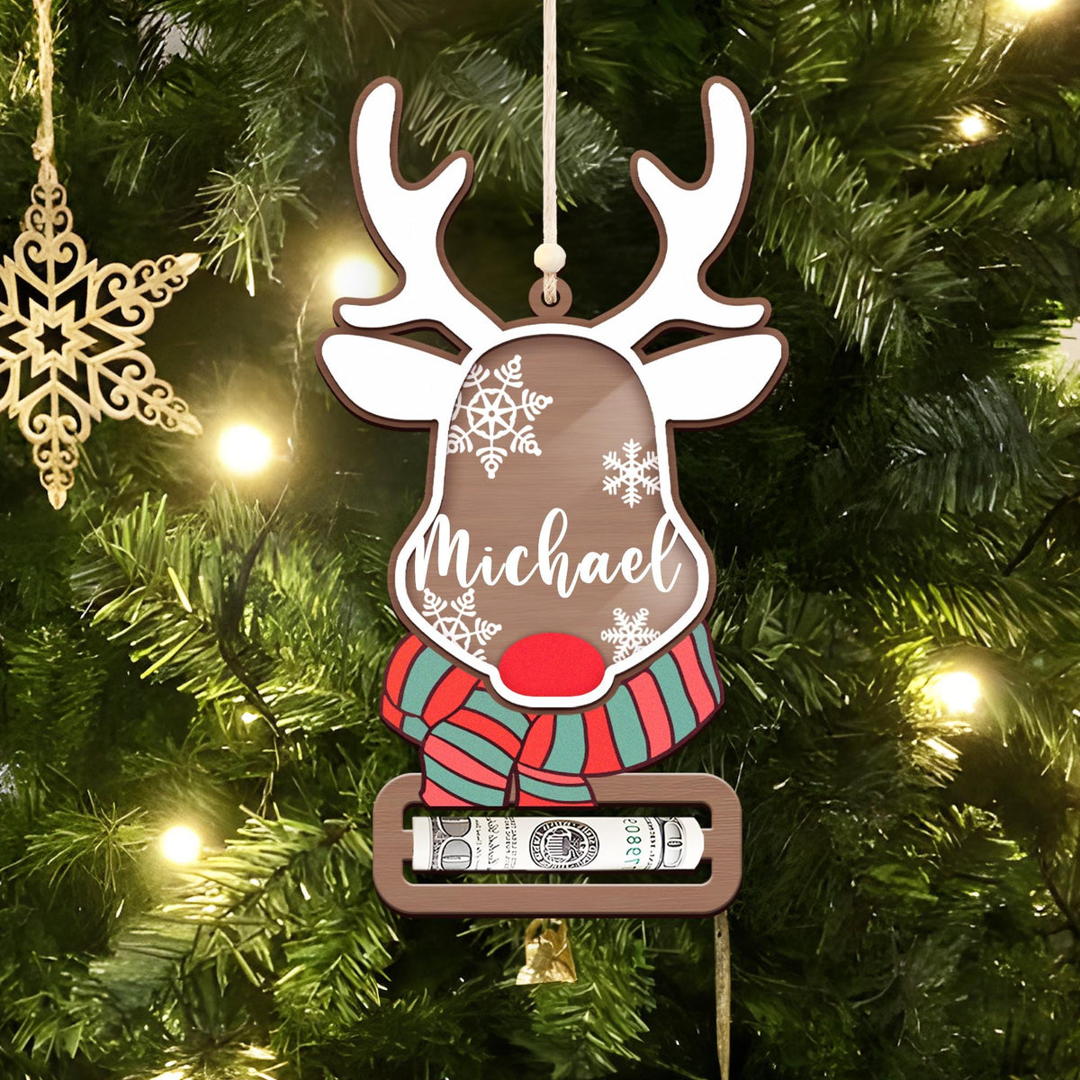 Personalized Christmas Reindeer Money Holder Ornament, Wooden Cash Holder, Holiday Gift For Family 686241 WFD