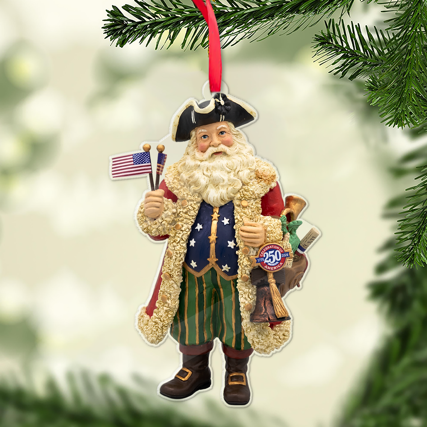 America 250th Anniversary Acrylic Ornament, Patriotic Kurt Adler Santa Ornament, Christmas Tree Decor 685907