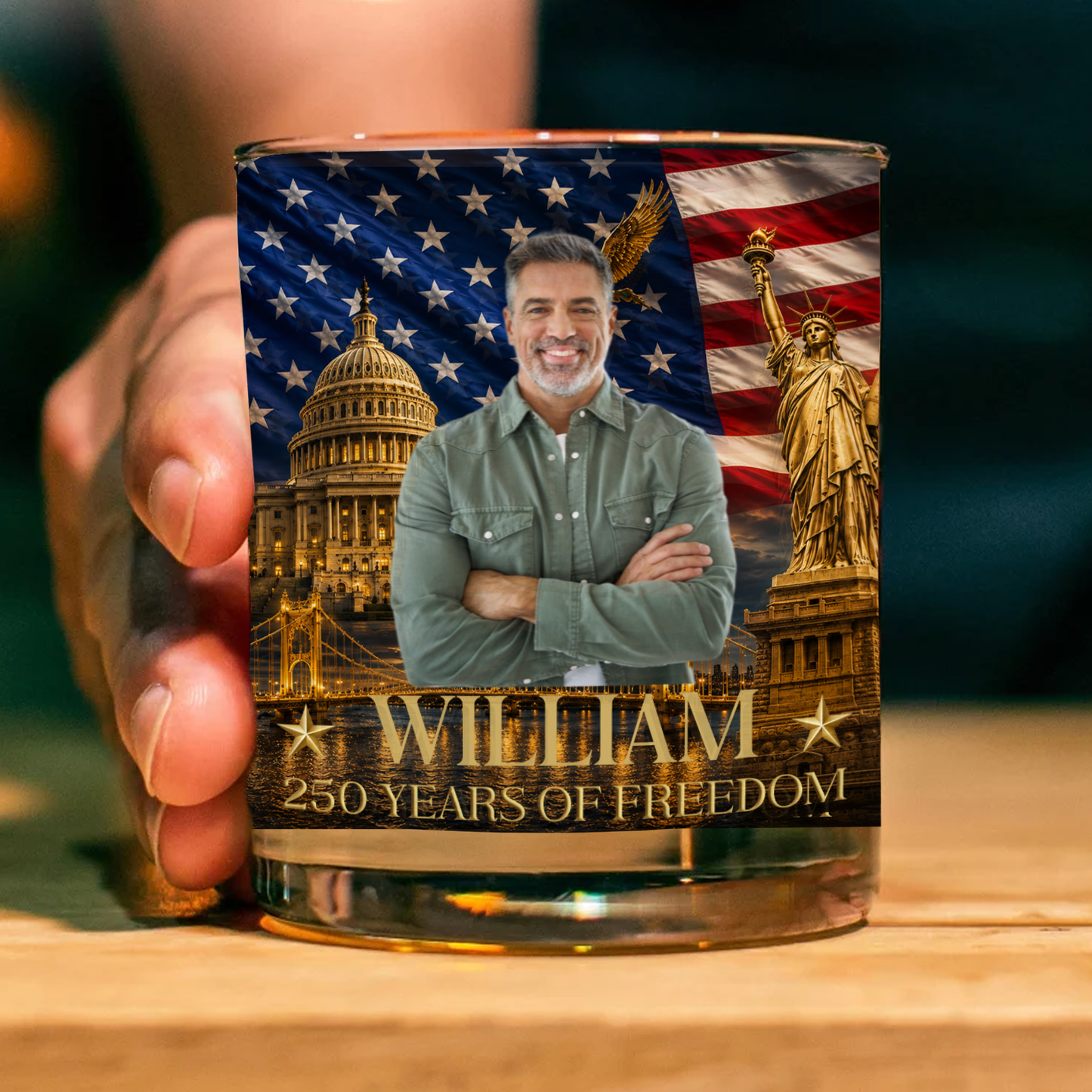 Personalized USA 250 Years Of Freedom Whiskey Glass, Custom Photo Patriotic 4th Of July Glass 685026