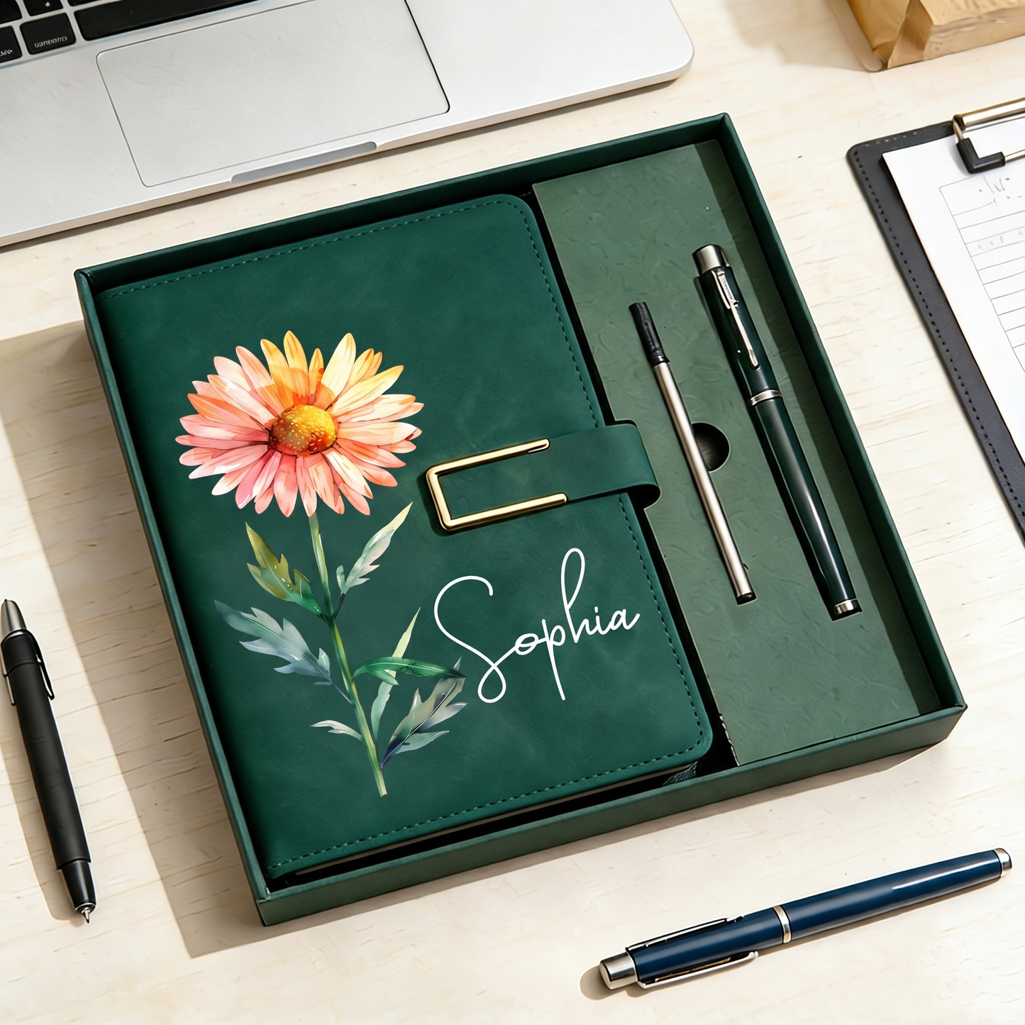 Personalized Birth Flower Leather Notebook, Custom Name Leather Notebook Set Gift For Women, Birthday/Teacher Gift 685381