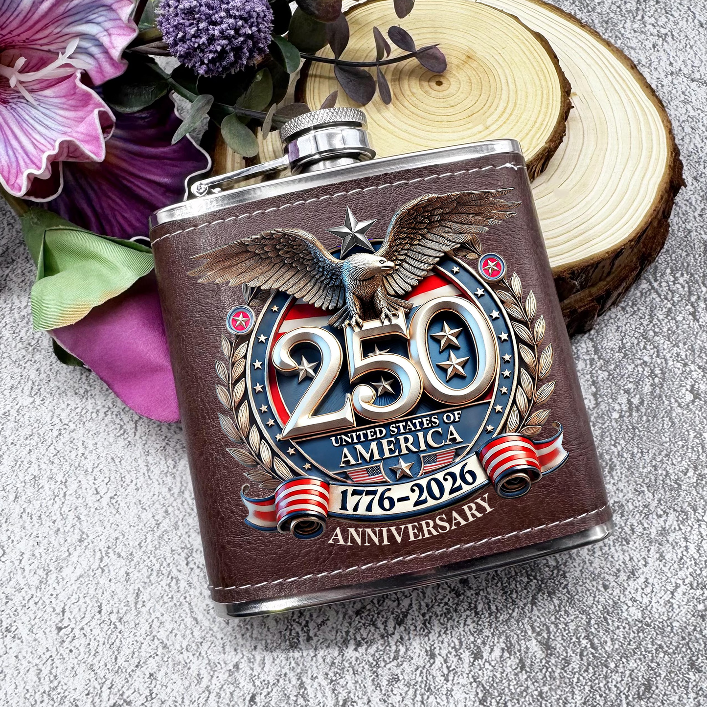 250 Years USA Anniversary Flask, Personalized Leather Flask, 250 Years of America Gift 684598