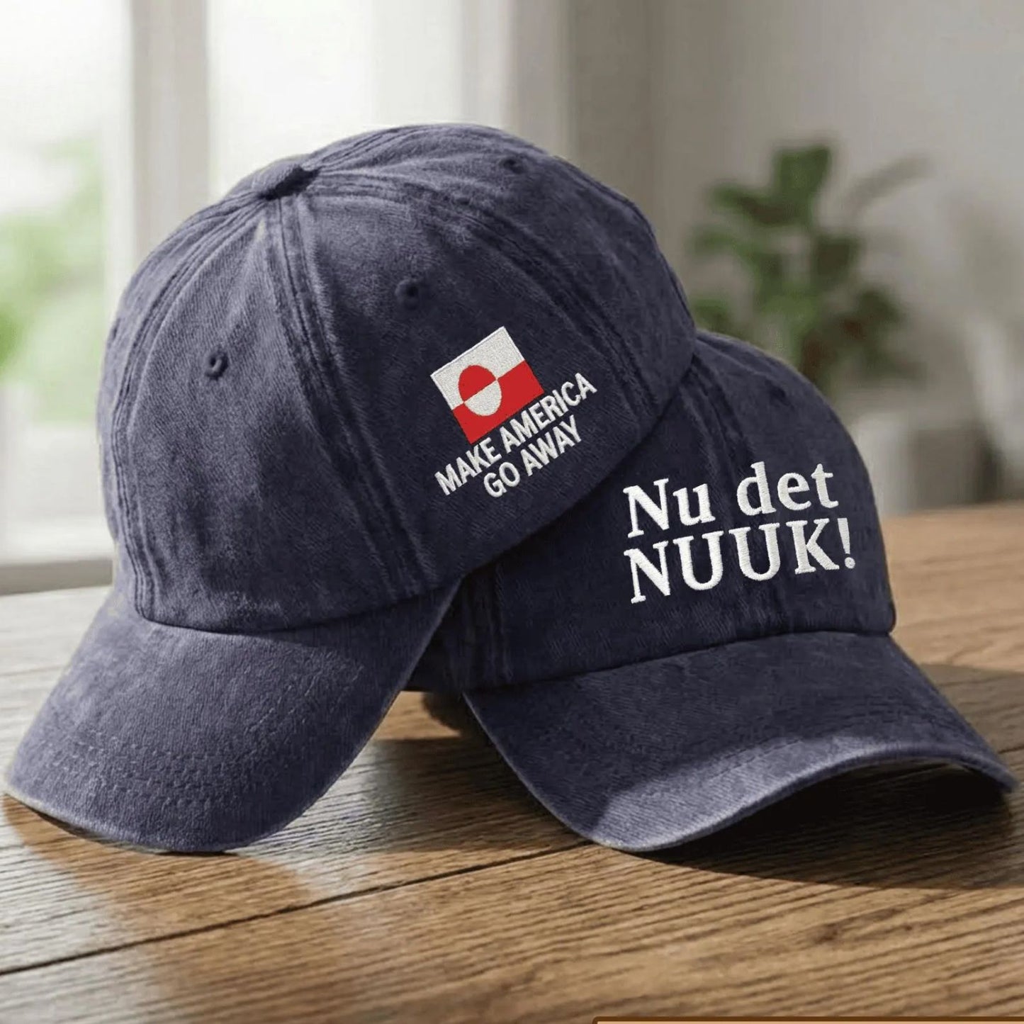 Nu det NUUK! Hands Off Greenland Printed Washed Denim Baseball Cap | Make America Go Away Greenland Hat 684215