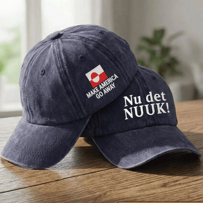 Nu det NUUK! Hands Off Greenland Printed Washed Denim Baseball Cap | Make America Go Away Greenland Hat 684215