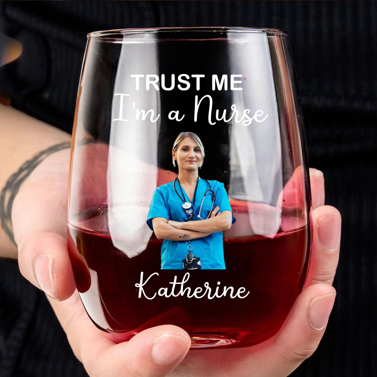 Personalized Safety First, Drink with Nurse Wine Glass | Custom Photo Wine Glass | Personalized Gift For Mom | Gift For Wife 682687