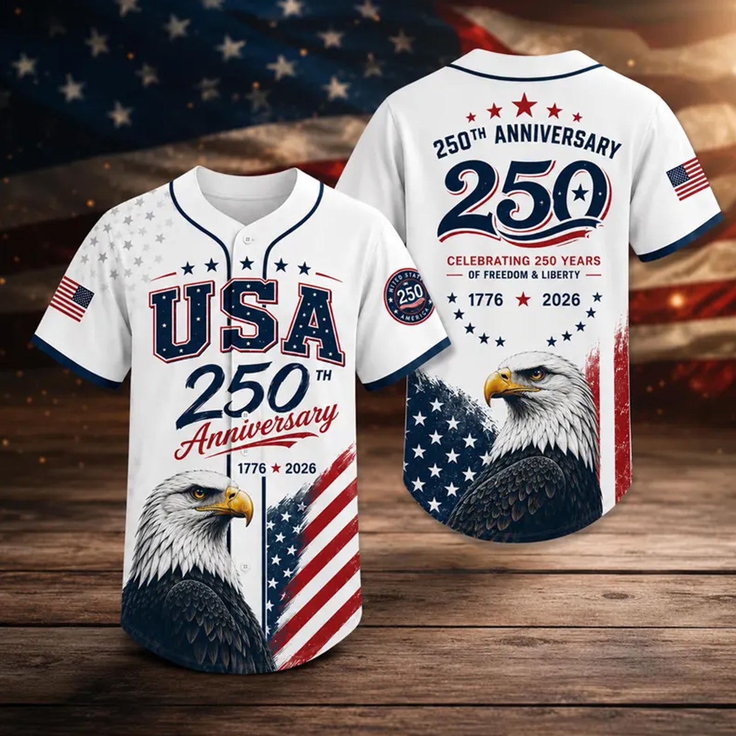 USA 250 Years Anniversary Baseball Jersey, Patriotic Eagle 1776–2026 Shirt, 4th of July America Jersey 685257 WFD