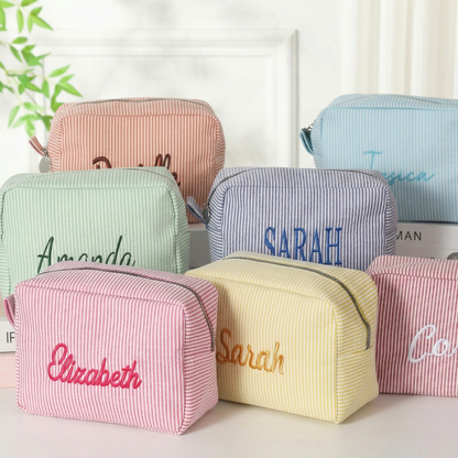 Personalized Monogrammed Seersucker Toiletry Bag | Custom Name Makeup Bag Gift For Women | Mother's Day Gifts Bag 684740