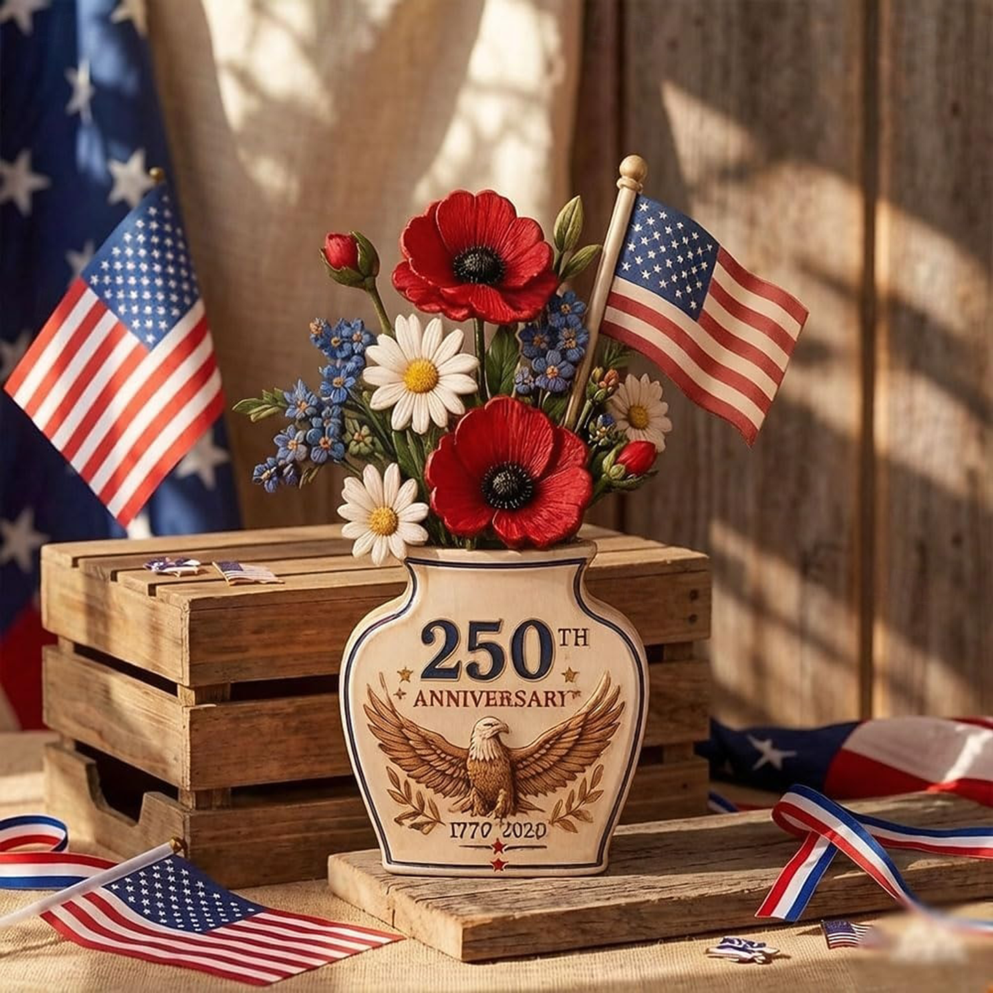 USA 250th Anniversary Wooden Block | Personalized Wooden Flower Vase | Patriotic 4th Of July Decoration 685287