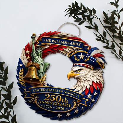 Personalized America 250th Anniversary Wooden Sign | Patriotic Eagle Door Wreath Wall Decor 684552