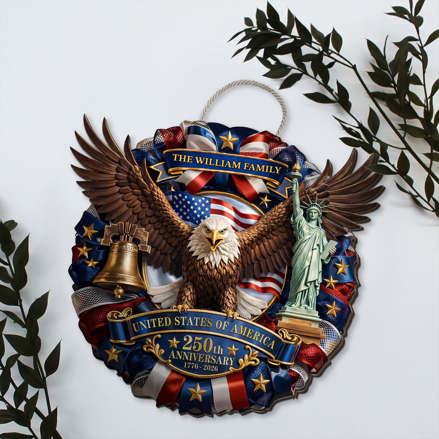Personalized USA 250 Years Anniversary Wreath Wooden Sign | Patriotic Eagle Door Decor 684524