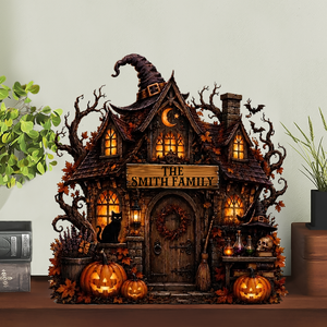 Personalized Halloween Witch House Wooden Block, Custom Name Pumpkin Cottage Decor, Spooky Autumn Gift 685854