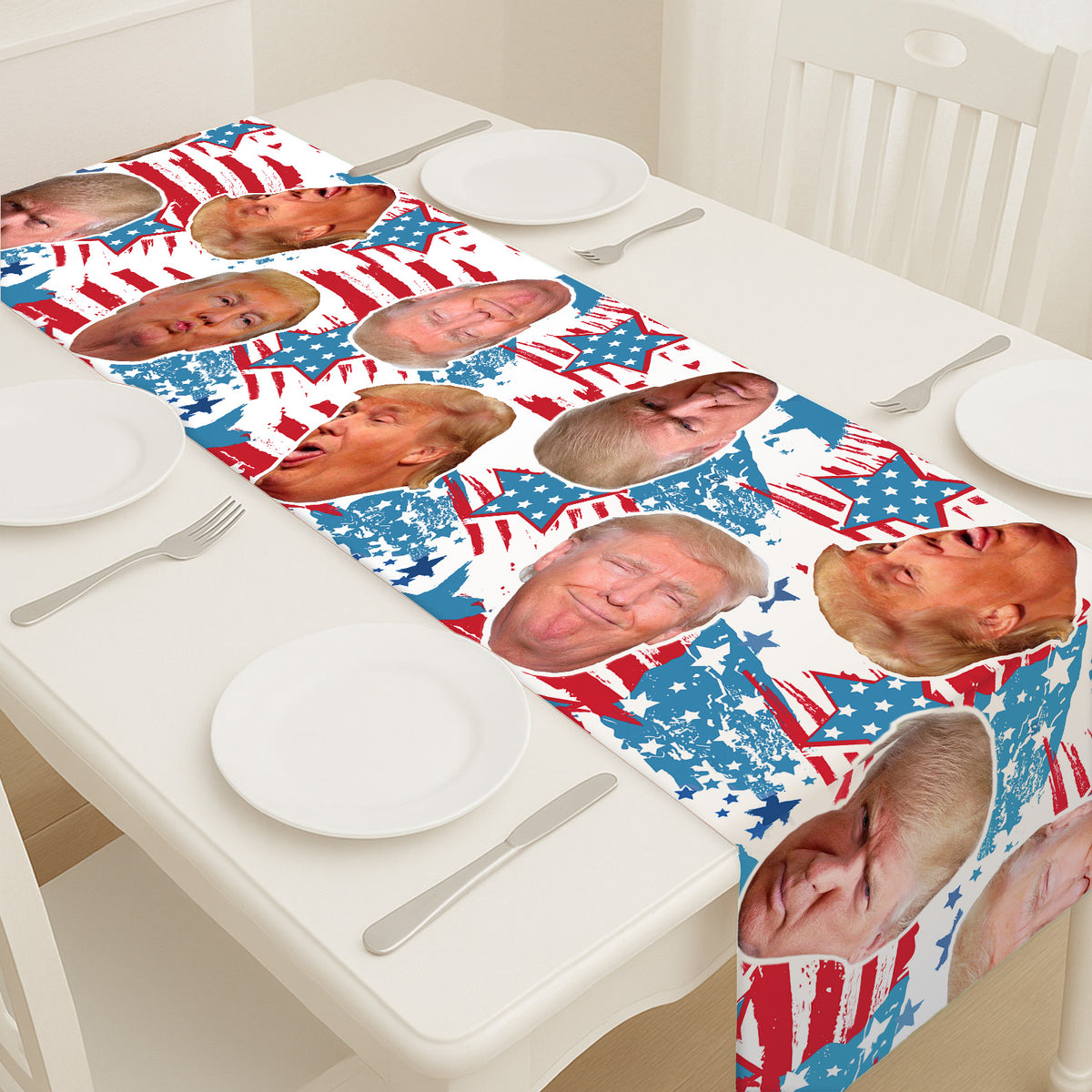 Trump Funny Face Stars Table Runner | Personalized Trump 4th Of July | Independence Day Table Runner For Kitchen 682332 - GOP