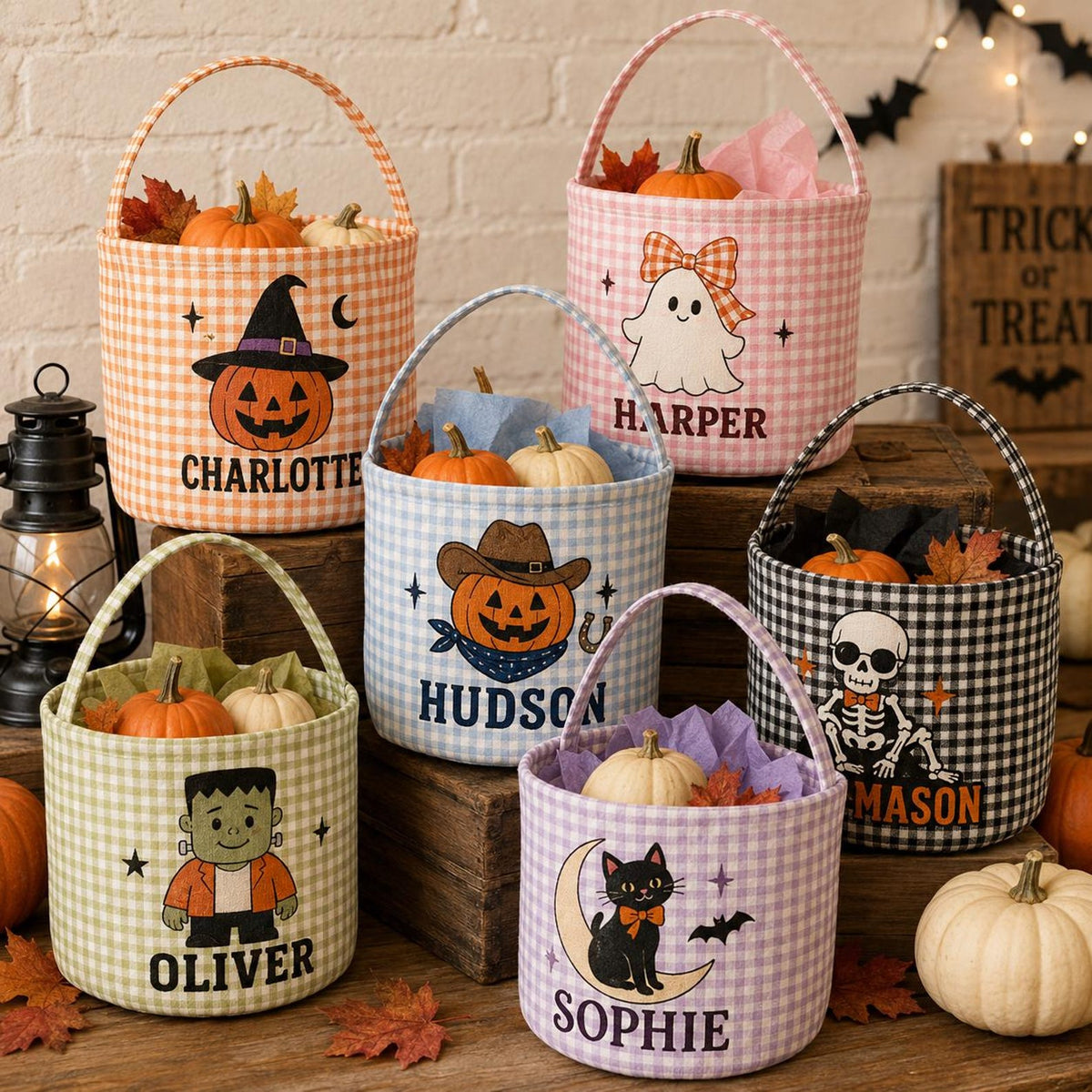 Personalized Halloween Basket For Kids, Custom Name Trick Or Treat Bucket, Embroidered Gingham Candy Bucket 686181 WFD