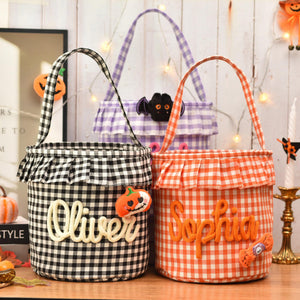 Personalized Halloween Candy Basket For Kids, Custom Name Trick Or Treat Bucket, Embroidered Gingham Bucket 685717 WFD