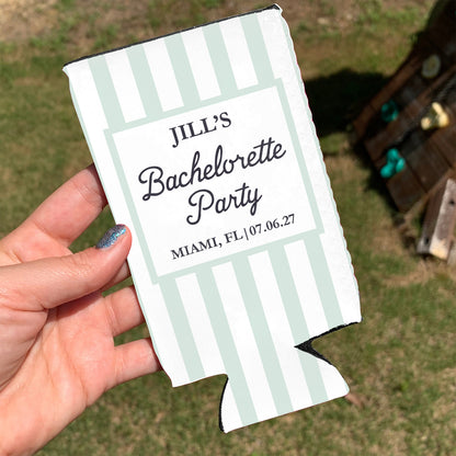 Personalized Summer Bachelorette Party Can Cooler, Custom Text Drink Holder, Coastal Themed Can Sleeve 685505