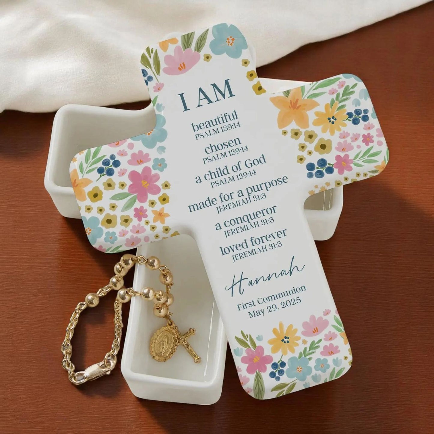 Floral Holy Name Cross Box | Personalized Ceramic Keepsake | Custom Cross Box | Gift For Baptism 684800
