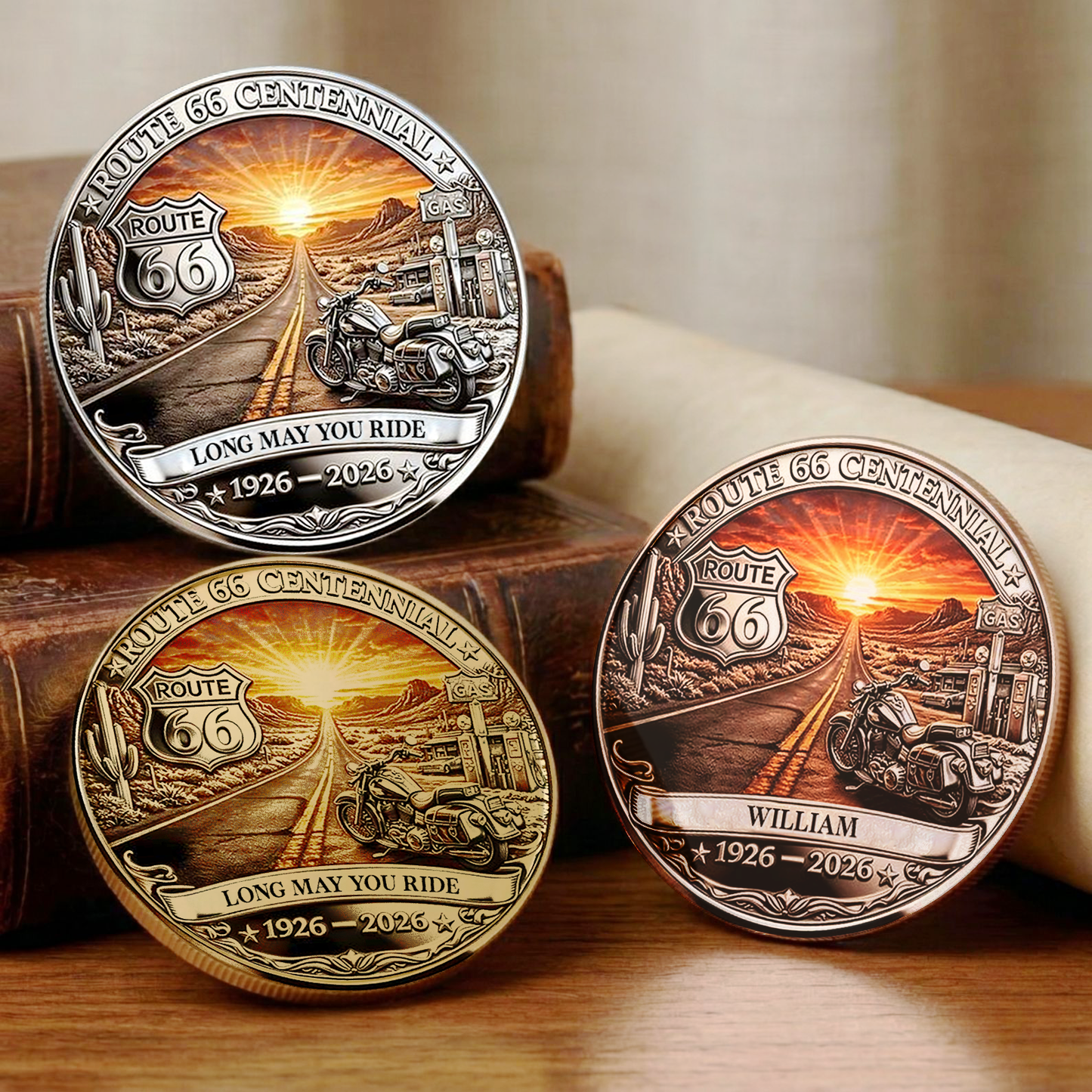Personalized Route 66 Centennial Coin | Vintage Motorcycle Road Trip Design Coin Gift For Biker 684689