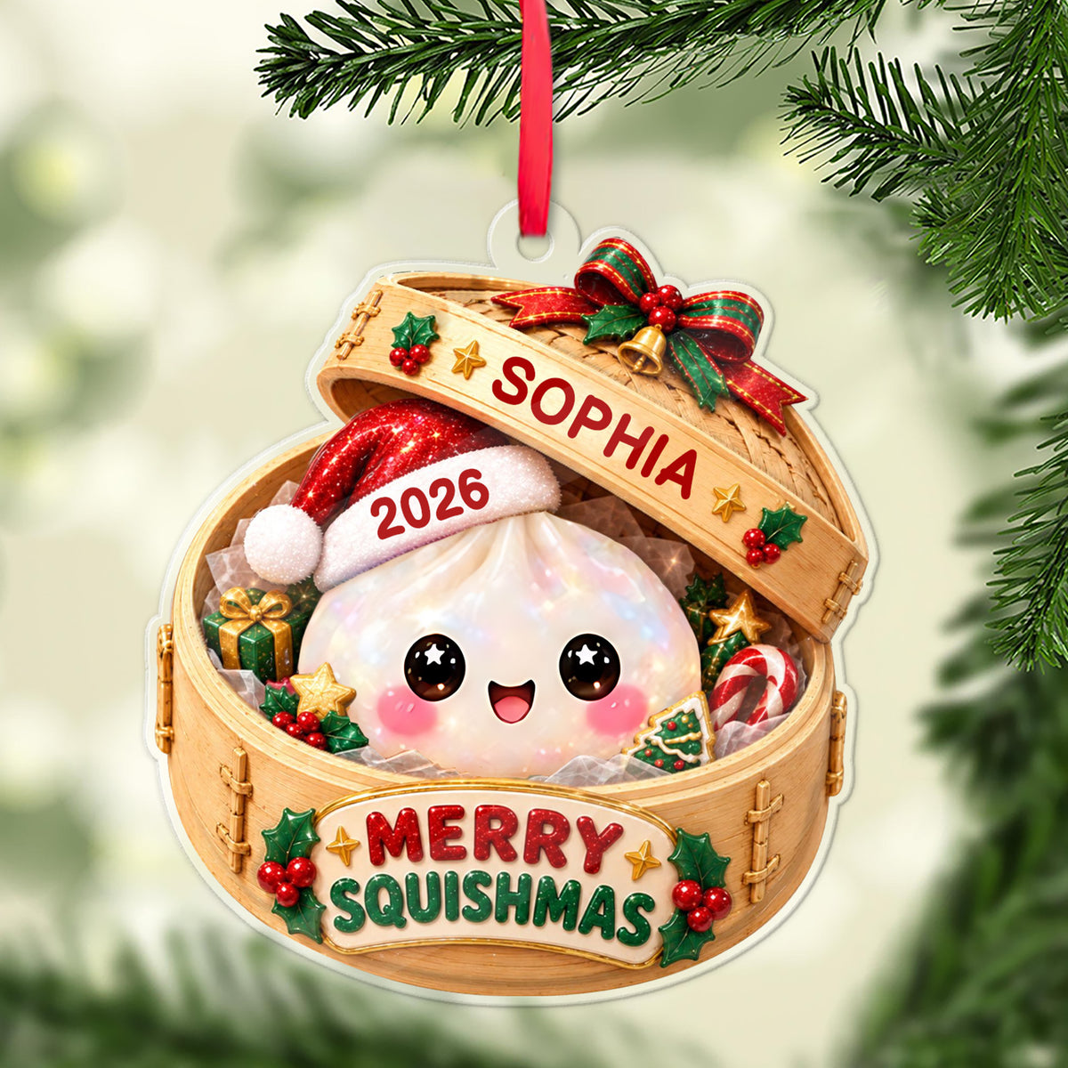 Personalized Glitter Dumpling Acrylic Ornament, Custom Name Squishy Christmas Keepsake 686650