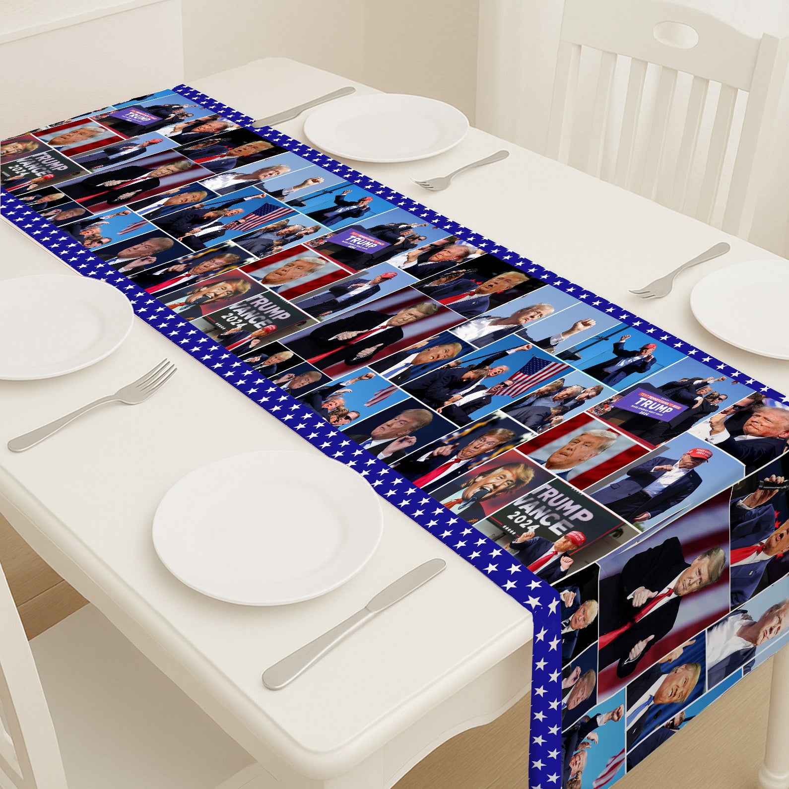 Trump Face Collage Table Runner | Retro Trump Won 2024 | Trump 4th Of July Table Runner For Kitchen 682354