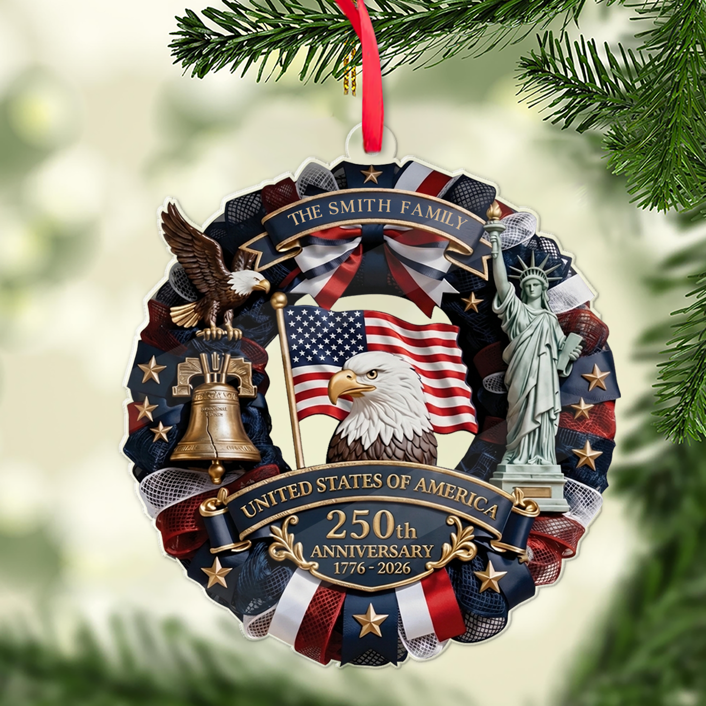 Custom Name USA 250th Anniversary Acrylic Ornament, Patriotic Wreath Ornament, Personalized Christmas Family Gift 685872