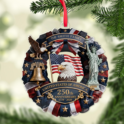 Custom Name USA 250th Anniversary Acrylic Ornament, Patriotic Wreath Ornament, Personalized Christmas Family Gift 685872