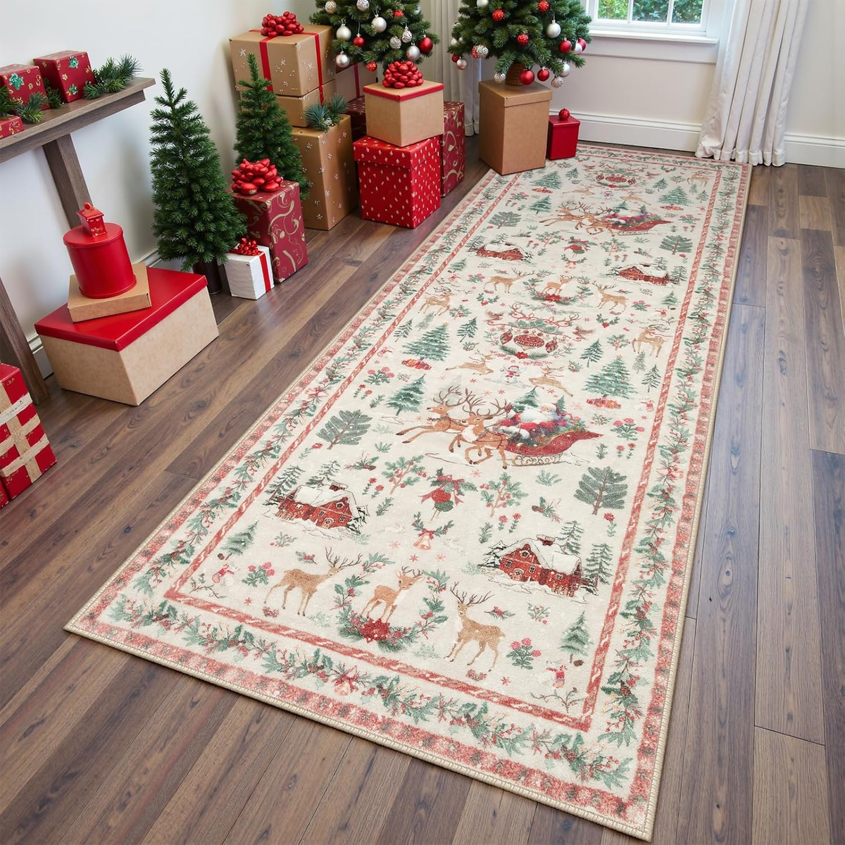 Traditional Santa & Reindeer Christmas Runner Rug - Festive Holiday Welcome Mat 686515 WFD