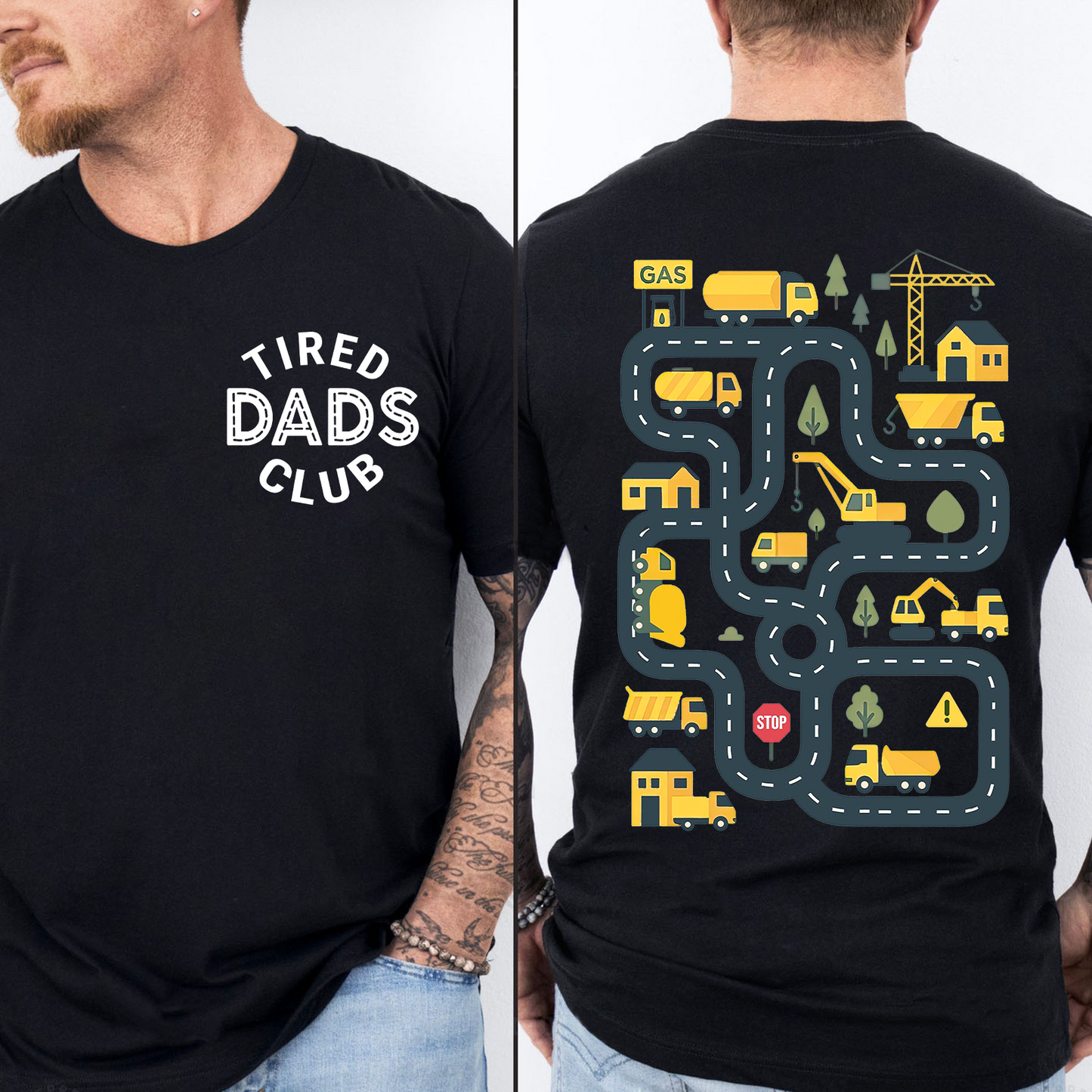Funny Tired Dads Club Dark Shirt With Construction Track Back Print, Father’s Day Pocket & Back Shirt 684934