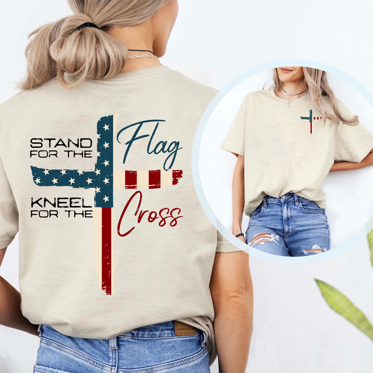 Stand For The Flag Kneel For The Cross Christian Shirt | USA Flag Cross Tee | Patriotic 4th of July Front & Back Shirt 683190