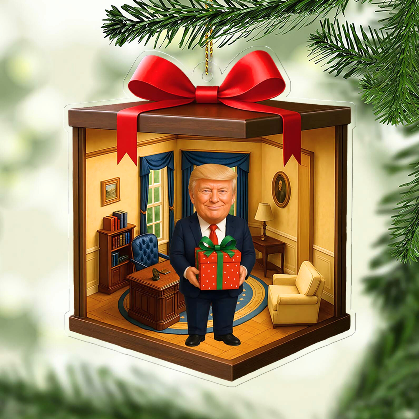 Trump 2D Acrylic Ornament | MAGA Isometric Holiday Decor | Patriotic Funny Gift Box Style Christmas Ornament  683493 - GOP