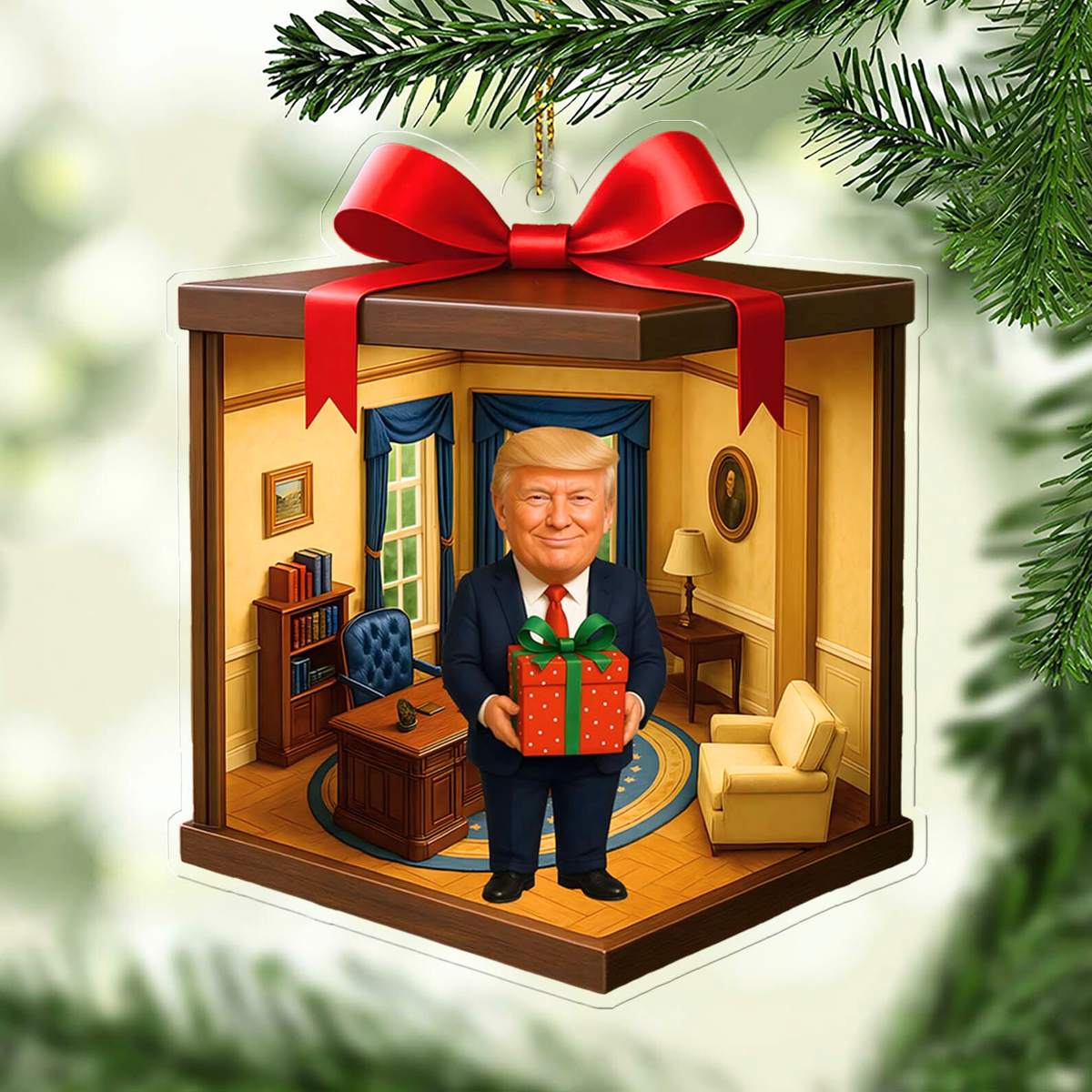 Trump 2D Acrylic Ornament | MAGA Isometric Holiday Decor | Patriotic Funny Gift Box Style Christmas Ornament  683493 - GOP
