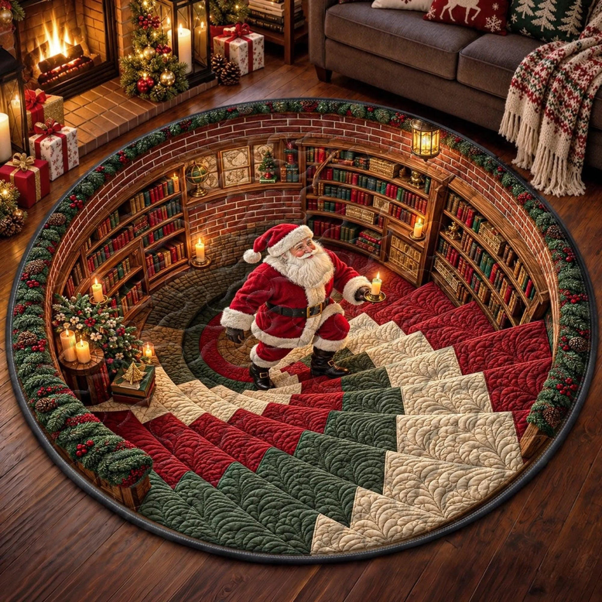 3D Santa Optical Illusion Christmas Round Rug, Spiral Staircase Holiday Floor Mat 686435 WFD