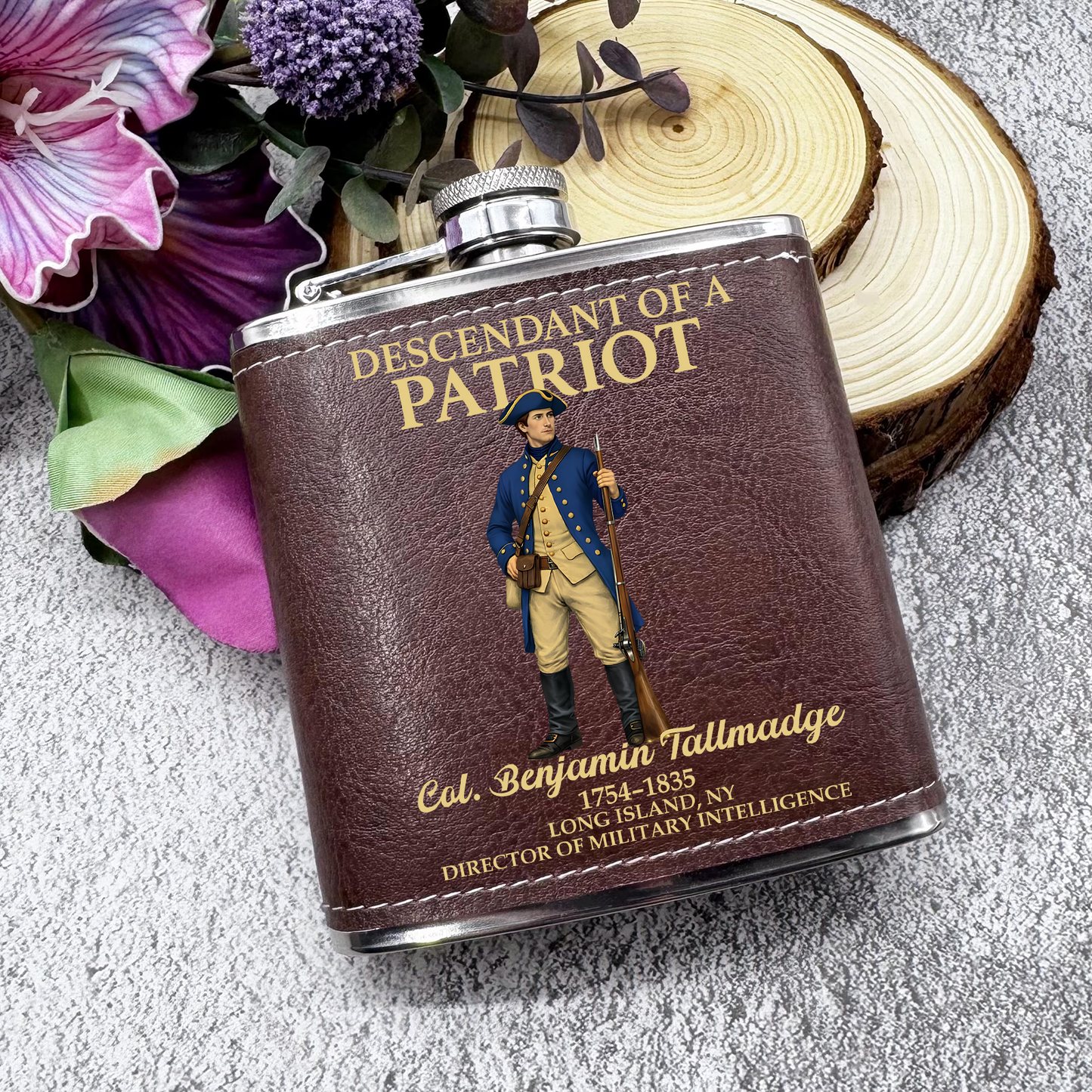 Descendant Of A Patriot Flask, Personalized Leather Flask, 250 Years Of America Gift 684596