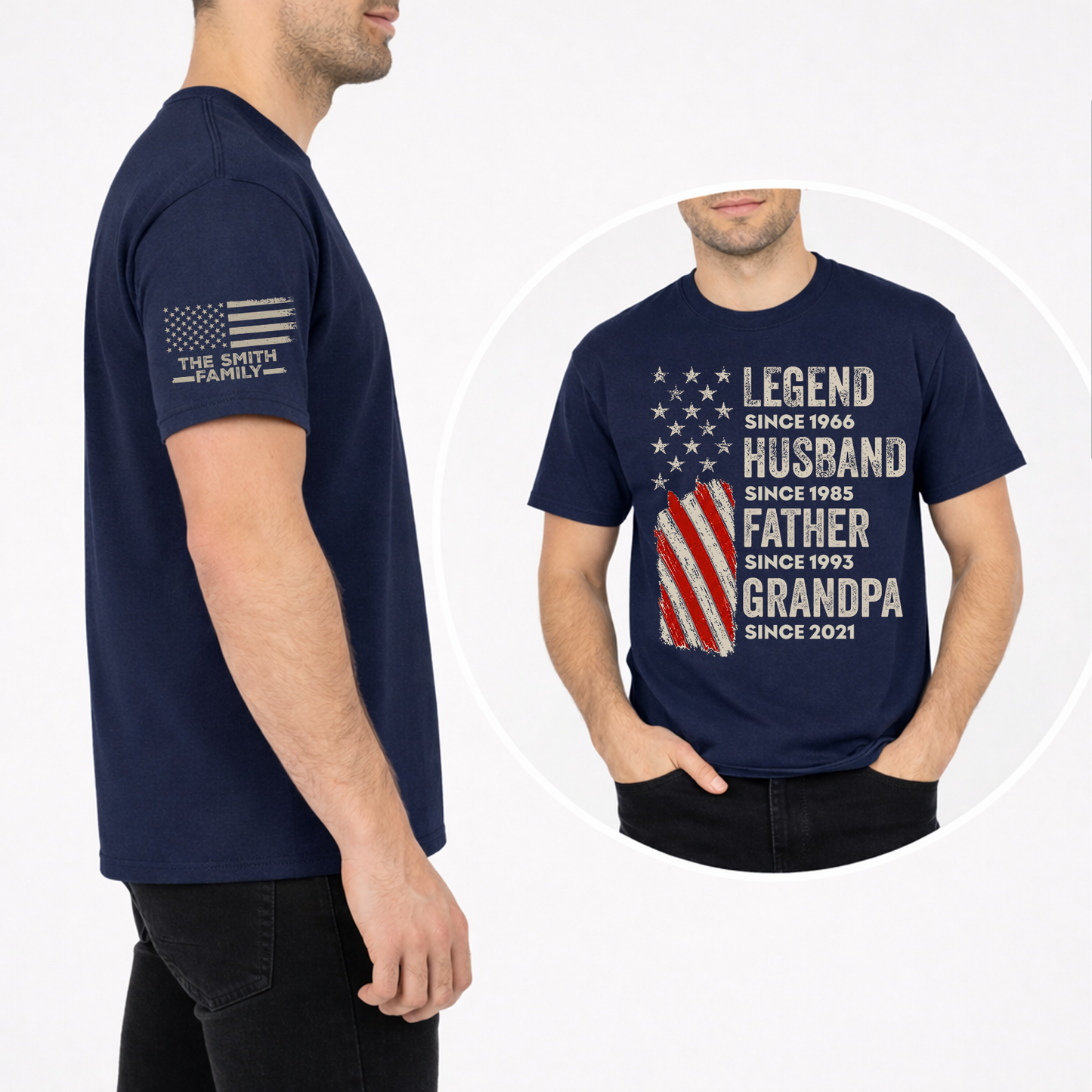 Custom Legend Husband Father Grandpa American Flag T-Shirt - Personalized Years & Family Name Sleeve Shirt - Father's Day Gift 685017