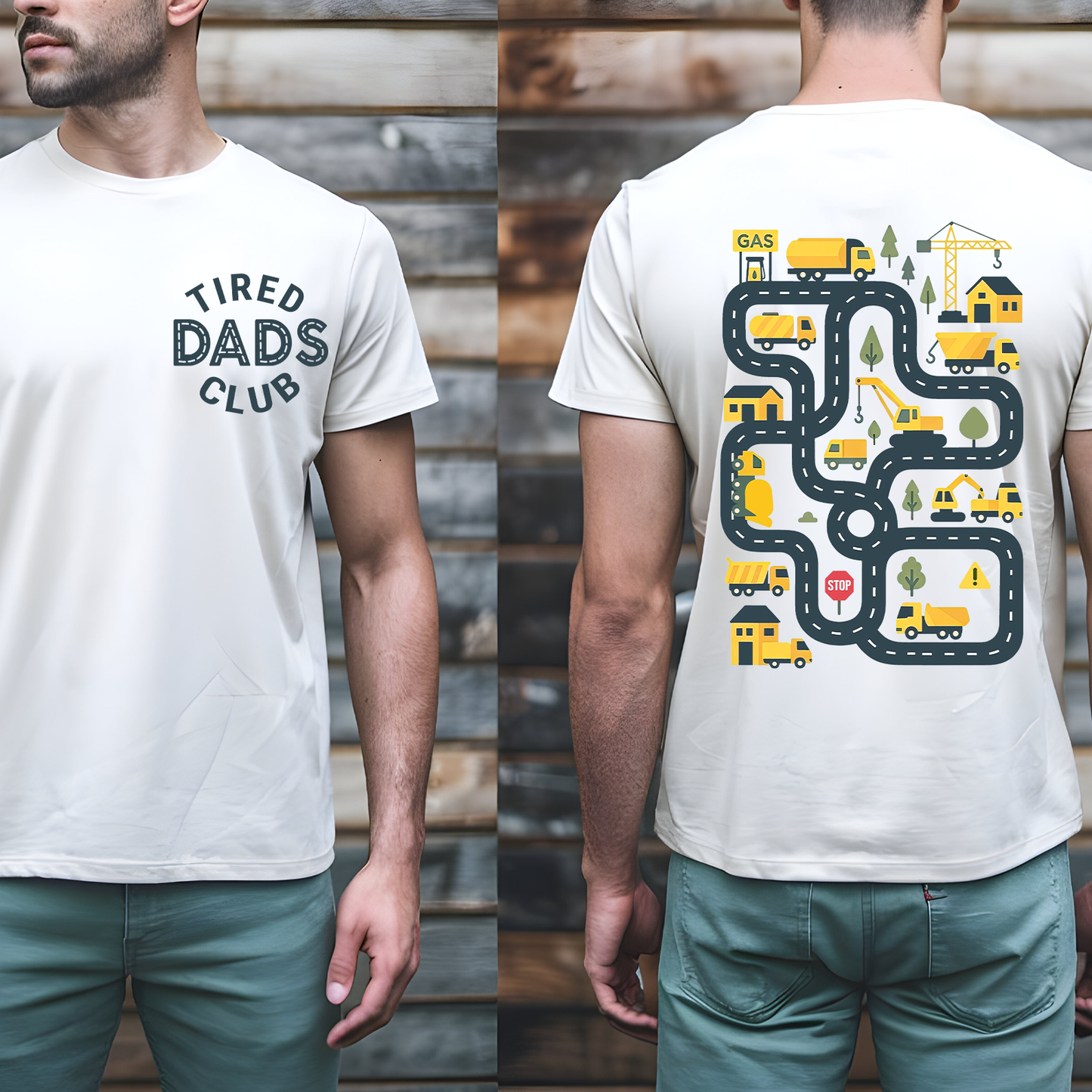 Funny Tired Dads Club Bright Shirt With Construction Track Back Print, Father’s Day Pocket & Back Shirt 684934