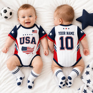 Personalized USA Baby Soccer Bodysuit, Custom Name Number Infant Outfit, American Flag Baby Romper, Gift For Newborn 685426 WFD