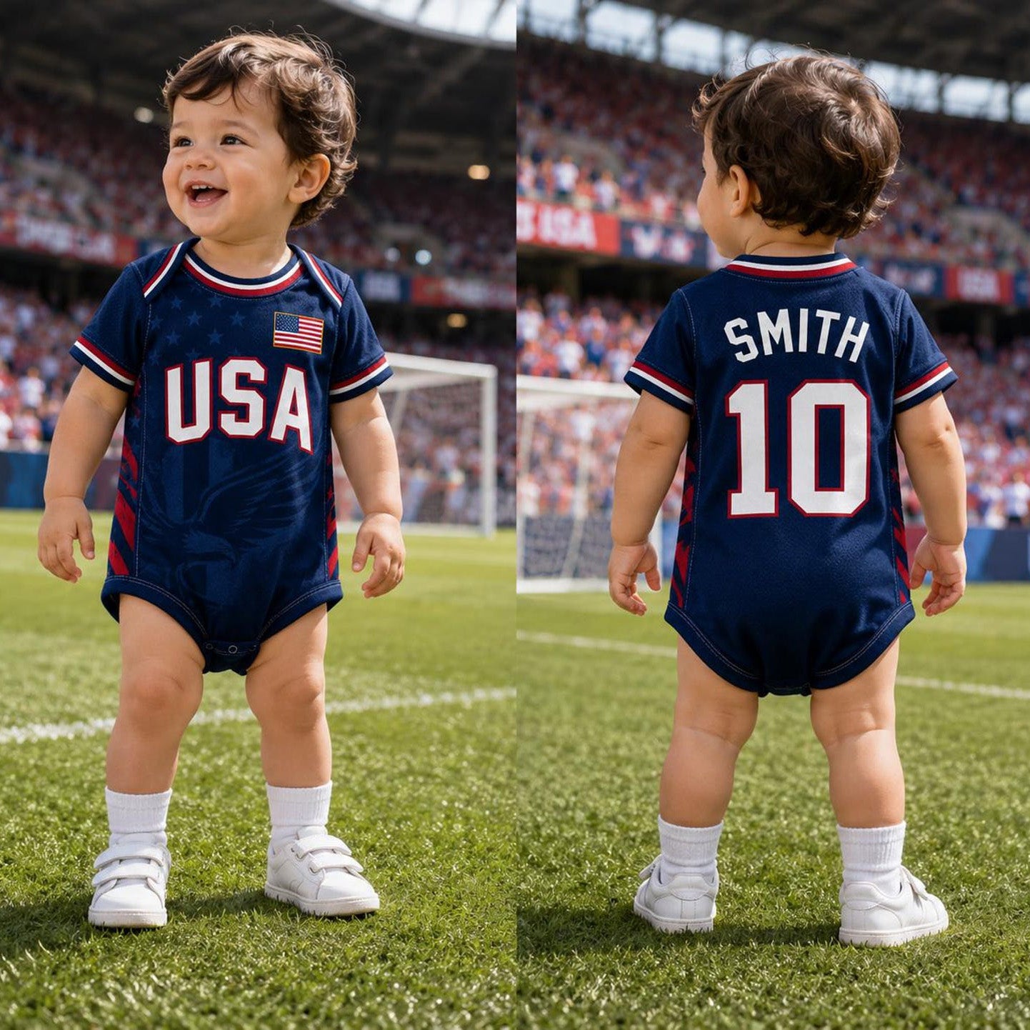 Personalized USA Flag Soccer Baby Suit, Custom Name Soccer Uniform Kit, Gift For Newborn 685388