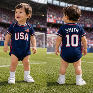 Personalized USA Flag Soccer Baby Suit, Custom Name Soccer Uniform Kit, Gift For Newborn 685388