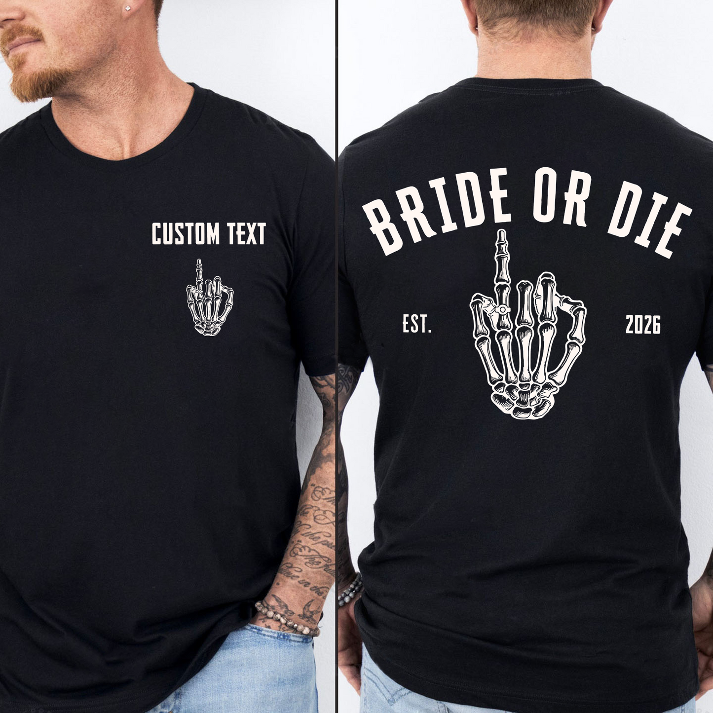 Personalized Bride Or Die Pocket & Back Dark Shirt, Funny Halloween Party Tee, Spooky Skeleton Hands Shirt 685667