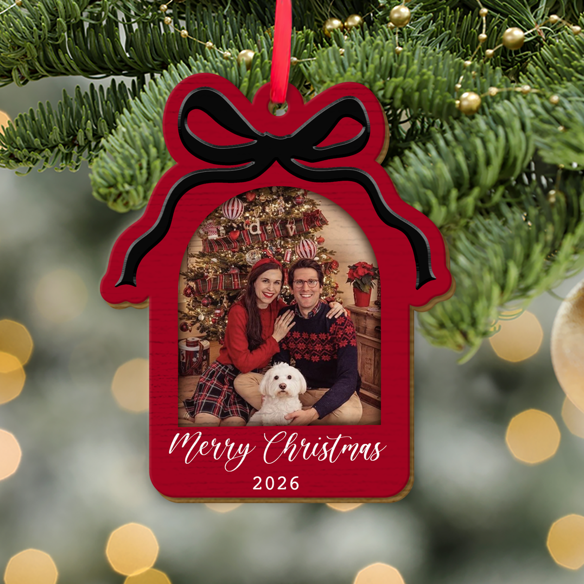 Custom Photo Bow Frame Wooden Ornament, Personalized Christmas Ornament, Gift For Family 686018