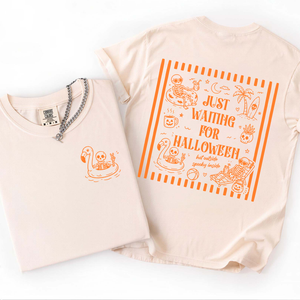 Just Waiting For Halloween Front & Back Bright Shirt, Summer Skeleton Striped Tee, Gift For Halloween 685625