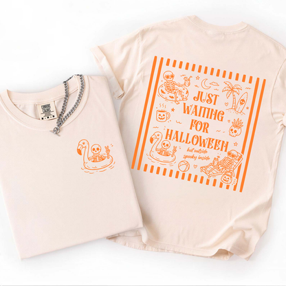Just Waiting For Halloween Front & Back Bright Shirt, Summer Skeleton Striped Tee, Gift For Halloween 685625
