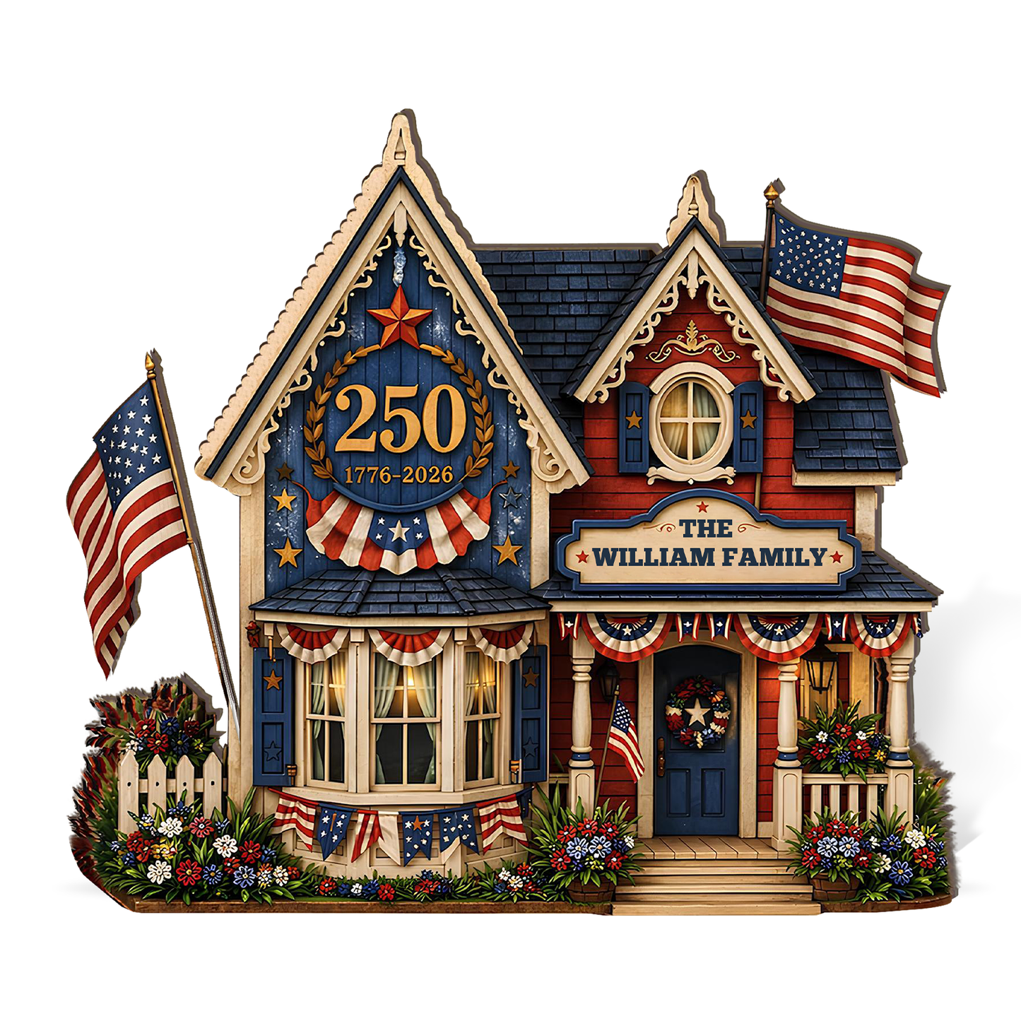 Custom Family Name USA 250th Anniversary Wooden Block | Personalized Wooden House Decor | Patriotic 4th Of July Decoration 685169
