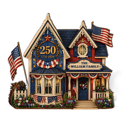 Custom Family Name USA 250th Anniversary Wooden Block | Personalized Wooden House Decor | Patriotic 4th Of July Decoration 685169
